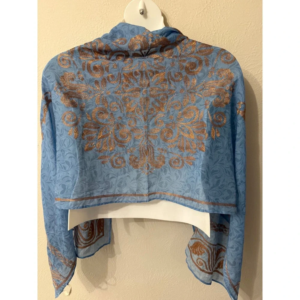 Soft Surroundings Blue Damask Scarf Copper Metallic Embroidered Wrap Rectangular